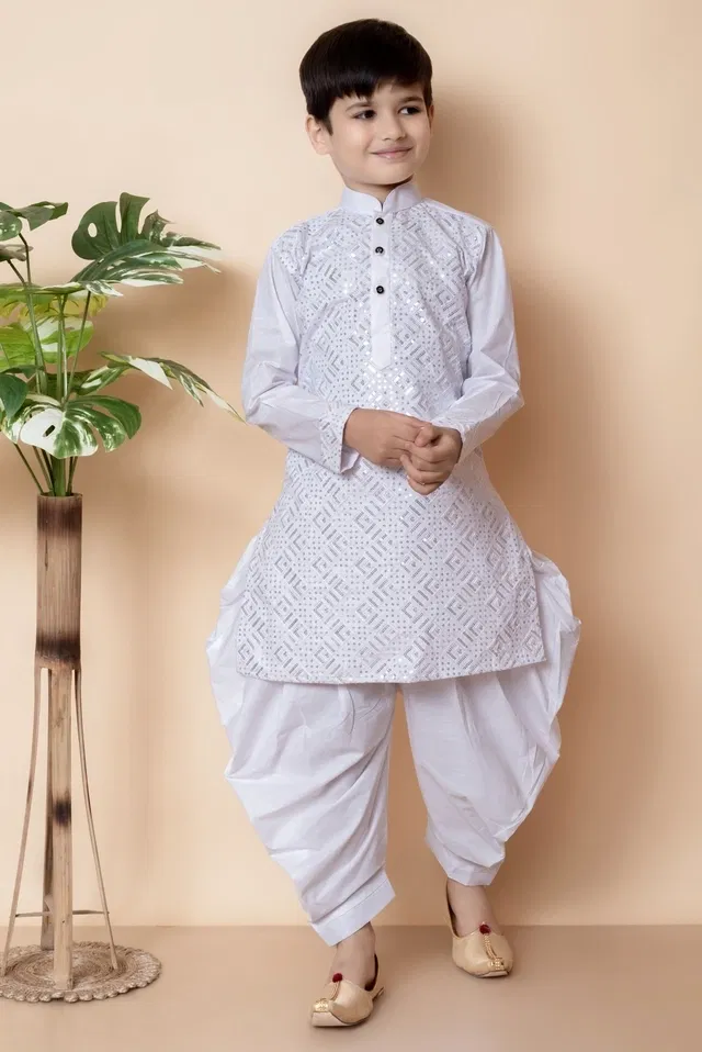 Cotton Embellished Kurta with Dhoti for Boys, White (8-9 Years)