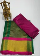 Cotton Silk Colorblocked Saree for Women (Green & Pink, 6.3 m)