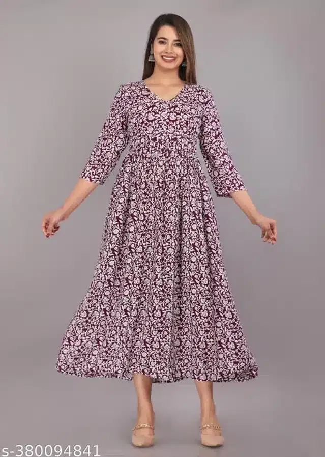 Anarkali Rayon Printed Kurti for Women (Purple, L)
