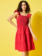 Poly Blend Solid Dress for Women (Red, S)