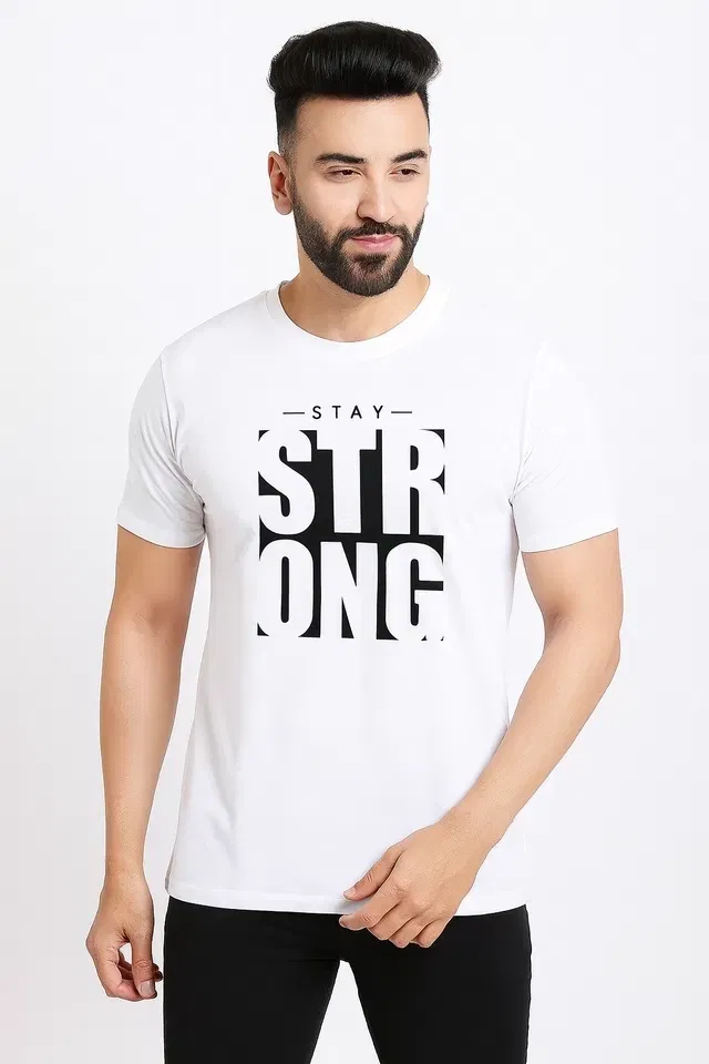 Round Neck Printed T-Shirt for Men (White, XXL)