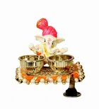 Metal Decorative Ganpati Haldi Kumkum Stand with 2 Roli Chawal Holder, Multicolor