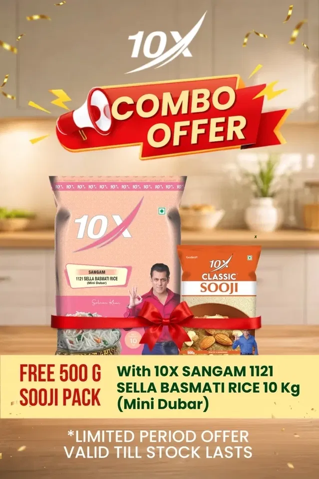 10X संगम सेला मोगरा चावल 10 kg + 10X क्लासिक सूजी 500 g फ्री