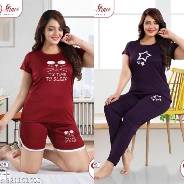 Satin Nightsuit for Women (Maroon & Purple, XXL) (Pack of 2)