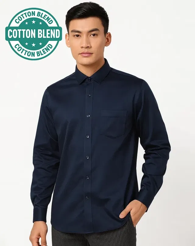Cotton Blend Full Sleeves Solid Shirt for Men (Blue, M)