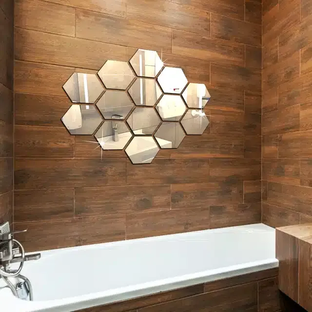 Acrylic Hexagon Shaped Wall Mirror Stickers (Silver, Pack of 14)