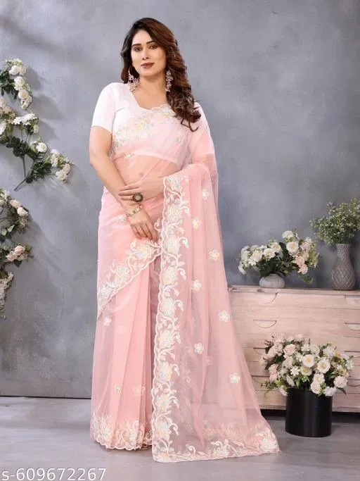 Shining Net Embroidered Saree for Women (Pink, Colour)