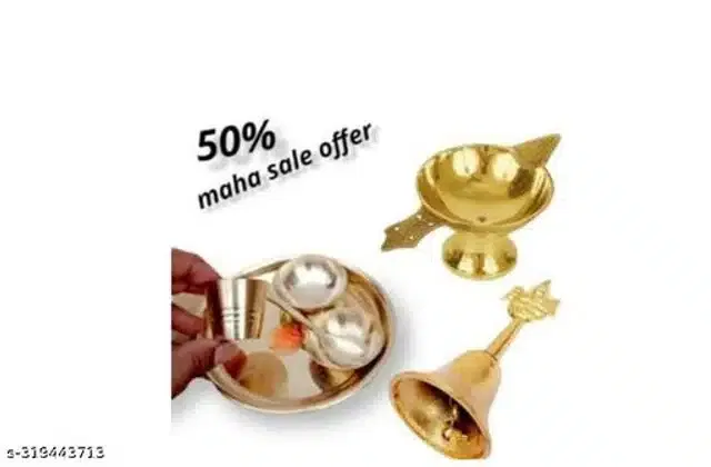 Brass 5 Pcs Bhog Plate Set  with Diya & Pooja Bell (Golden, Set of 3)