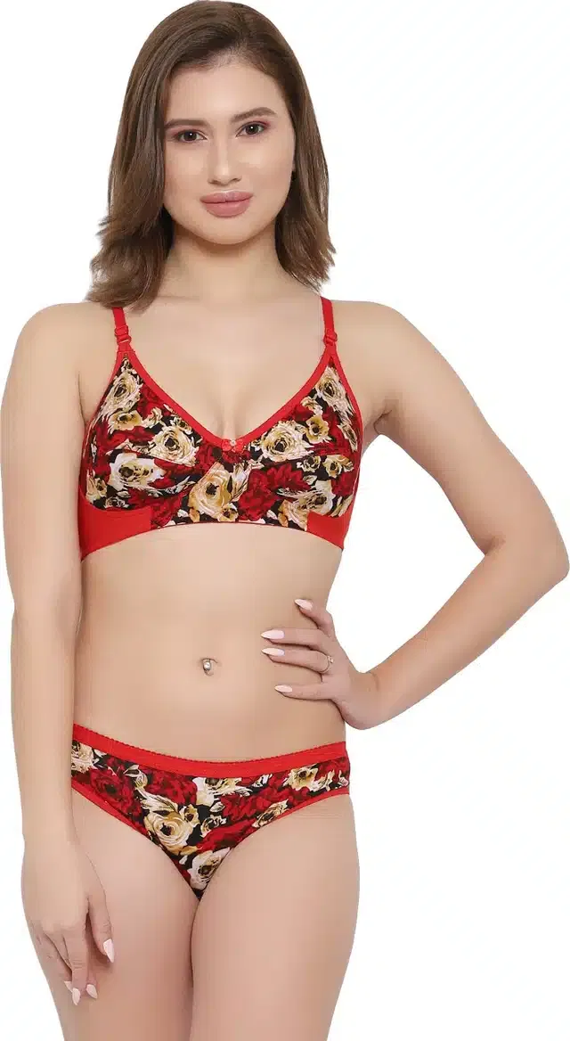 Cotton Blend Lingerie Set for Women (Red, 34)