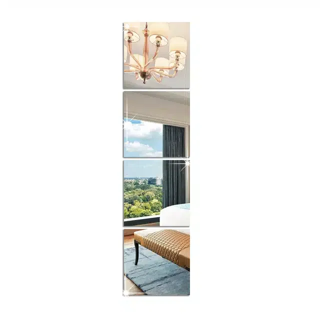 Acrylic Square Shaped Wall Mirror Stickers (Silver, Pack of 4)