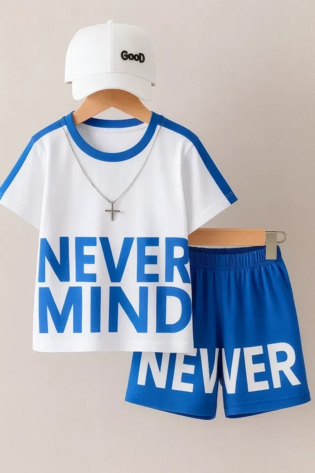 Cotton Printed Clothing Set for Boys (Blue & White, 2-3 Years)