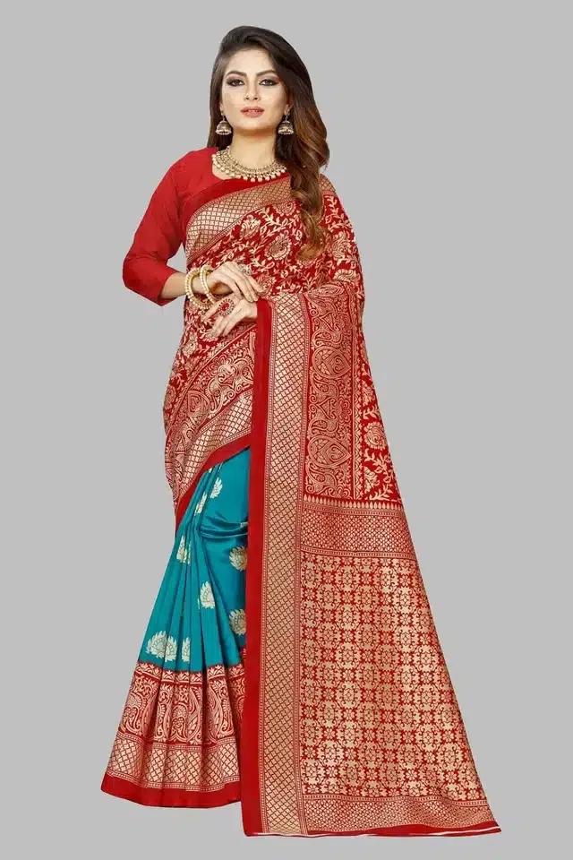 Printed Saree with Unstitched Blouse for Women (Turquoise, 6 m)