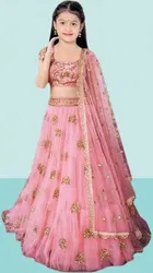 Net Embroidered Semi Stitched Lehenga for Girls 
