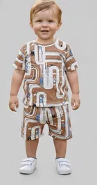 Cotton Blend Geometric Clothing Set for Boys, Brown 