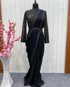 Georgette Solid Saree for Women, Black 