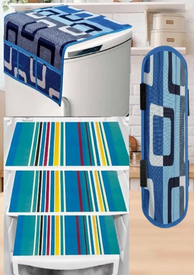 PVC Printed Fridge Top Cover with 3 Pcs Shelf Mats & Handle Cover (Multicolor, Set of 1)