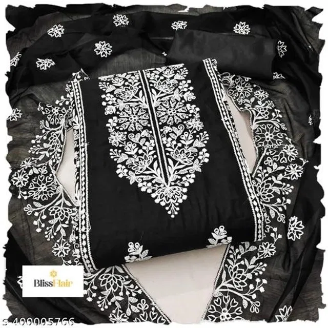 Embroidered Unstitched Suit for Women (Black & White, 2.25 m)