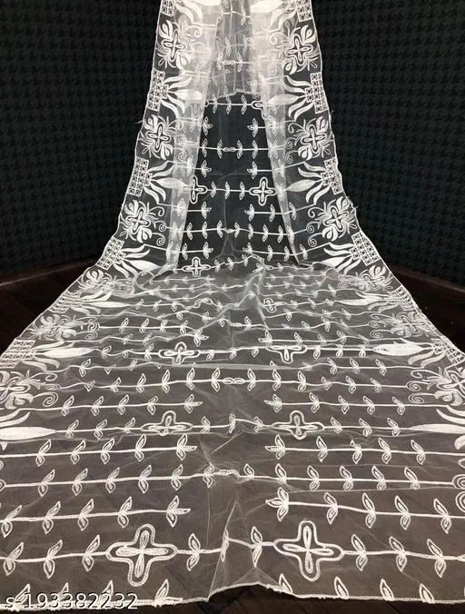 Floral Embroidered Net Dupatta for Women (White, Free Size)