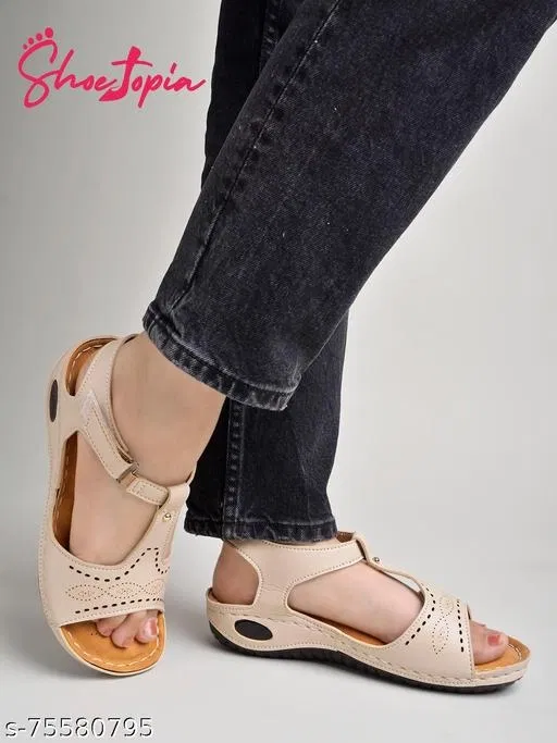 Shoetopia Cream Perforated Platform Sandals (IND-5)