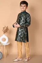 Dupion Silk Embellished Kurta with Payjama for Boys, Bottle Green & Beige 