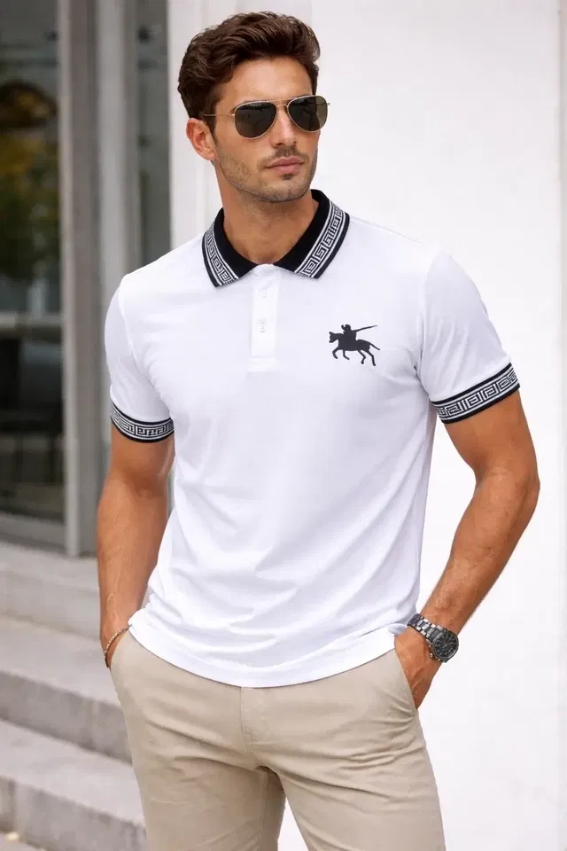 Casual Wear Polo Neck Cotton Blend T-Shirt for Men, White (XL)