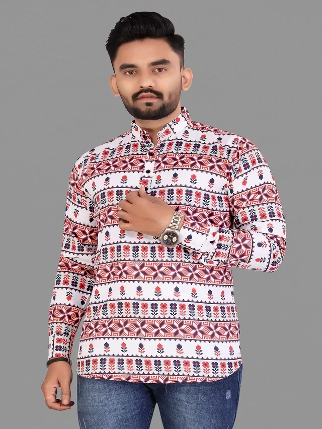 Cotton Blend Printed Kurta for Men (Red, XXL)