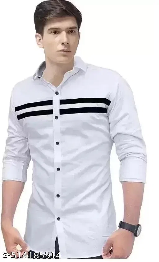 Cotton Blend Striped Shirt for Men, White (XL)