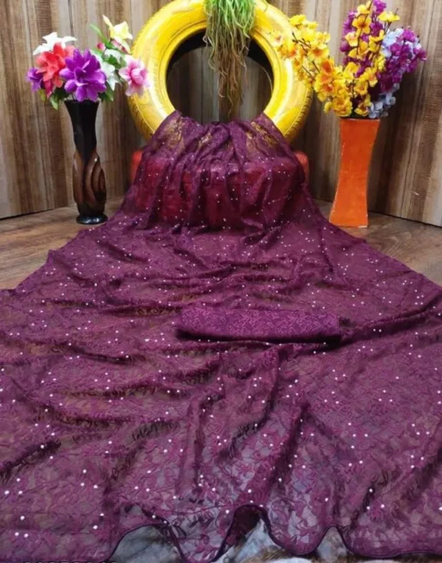 Net Solid Saree for Women (Wine, 6.3 m)