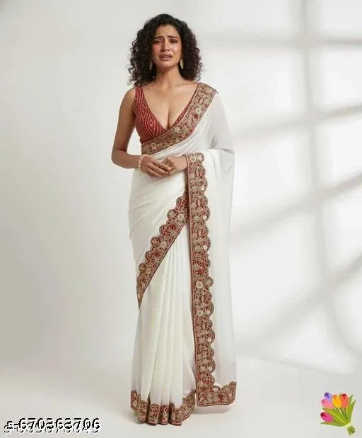 Georgette Embellished Saree For Women, White