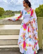 Georgette Printed Gown with Dupatta for Women (White & Pink, S)