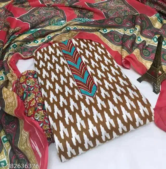 Cotton Printed Unstitched Dress Material for Women (Brown)