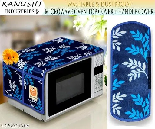 KANUSHI Industries® Microwave / Oven Top Cover With 4 Utility Pockets + 1 Pc Handle Cover ( MICRO-BLUE-SMALL-LEAVES+1-HANDLE)