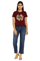 Cotton Blend Printed T-shirt for Women, Maroon 