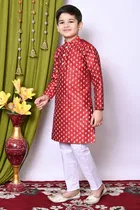 Dupion Silk Printed Kurta with Payjama for Boys, Maroon & White 