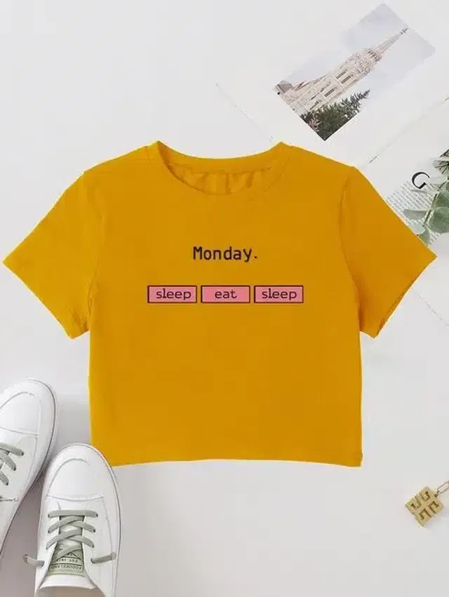 Printed Crop T-shirt for Women (Mustard, S)