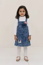 Denim printed Frock  For Girls, White & Blue 