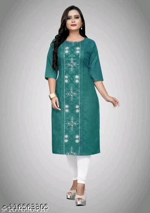 Ethnic Motif Embroidered Cotton Kurti for Women (Teal, L)