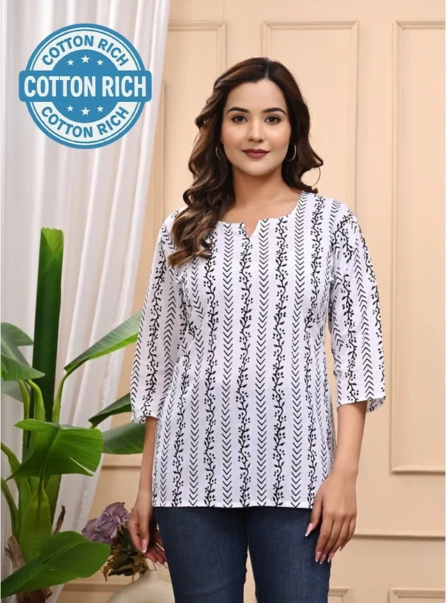 Cotton Striped Short Kurti for Women (White, S)