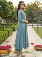 Printed Vichitra Silk Kurta Set for Women 