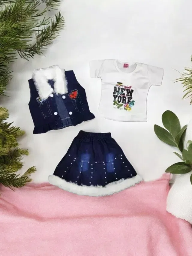 Denim Solid Clothing Set for Girls (Blue & White, 6-12 Months)