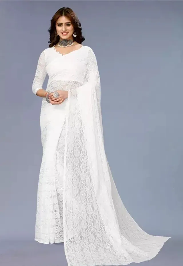 Net Floral Saree for Women (White, 6.3 m)