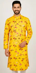 Cotton Blend kurta  For Men, Yellow 