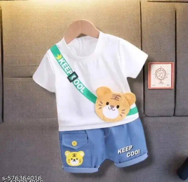 Cotton Blend Printed Clothing Set for Boys (White & Blue, 3-4 Years)