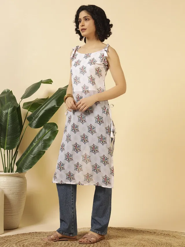 Tie Up Kurti for Women (White, XL)