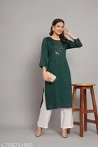 Cotton Embellished Kurti for Women (Bottle Green, M)