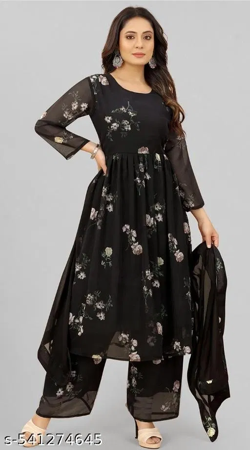 Refined Kurta Set for Women (Black, Top L, Bottom XL)