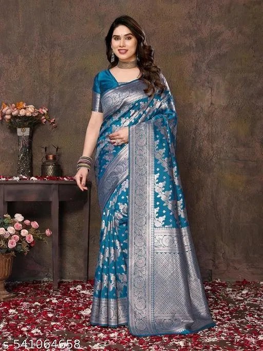 Banarasi Silk Printed Saree for Women, Teal (6.3 m)