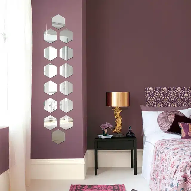Acrylic Hexagon Shaped Wall Mirror Stickers (Silver, Pack of 14)