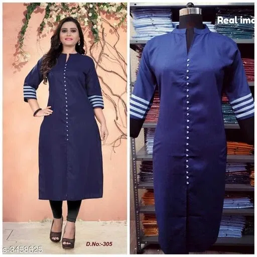 Solid Cotton Kurti for Women (Blue, XXL)