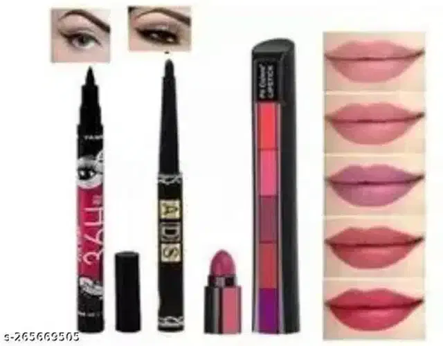 5-in-1 Lipsticks with 36H Eye Liner & ADS Kajal (Multicolor, Set of 3)